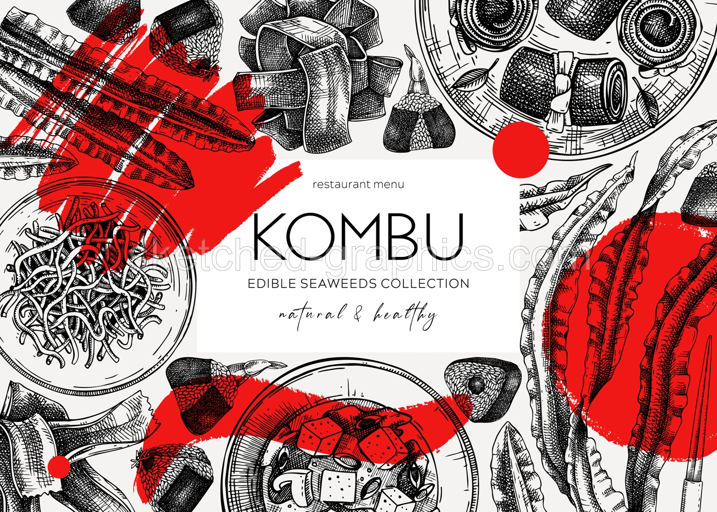 Collage-style Kombu banner design. Edible seaweed drawings. Hand-drawn sea vegetable illustrations. Healthy food vector background. Japanese cuisine trendy restaurant menu template Illustration